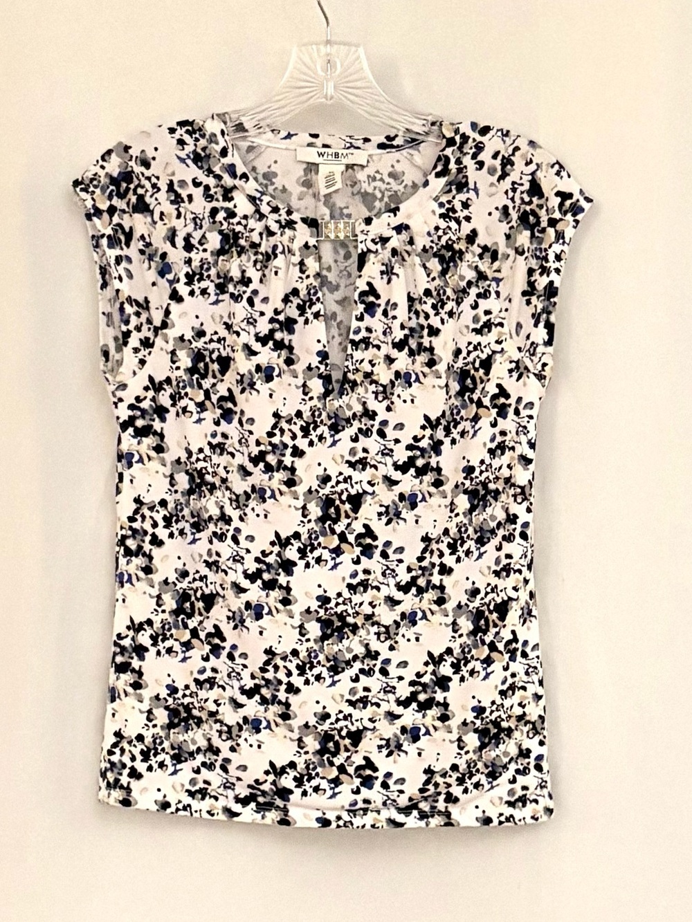 White House Black Market White Floral Cap-Sleeve Keyhole Top